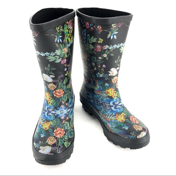 Johnny Was Black Floral Print Dreamers Rainboot - Picture 2 of 10